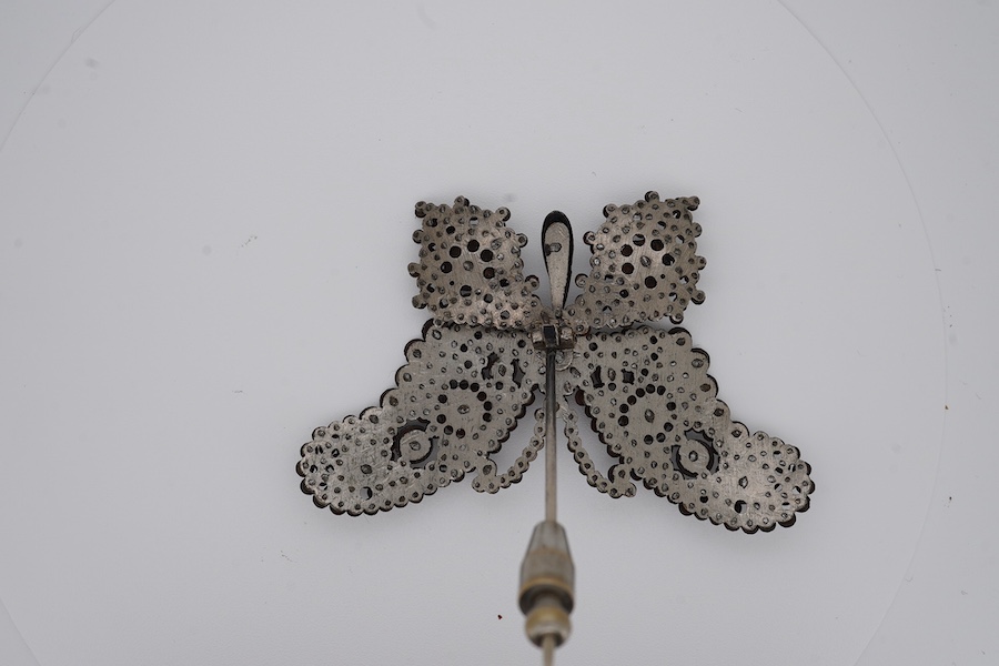 A late 19th century cut steel butterfly pin, 83mm. Condition - fair to good